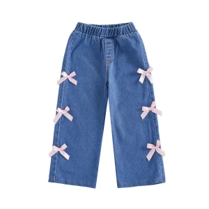 Girls Elastic Waist Denim Jeans with 3D Bow