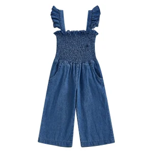 Girls Sleeveless Denim Overall Jumpsuit with Smocked Bodice and Full-Length Pants