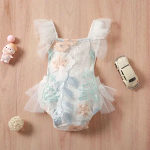 Baby Girls Bodysuit Embroidered with Flower Pattern