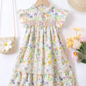 Girls Floral Bunny Print Smocked Dress with Ruffled Sleeves and Hem